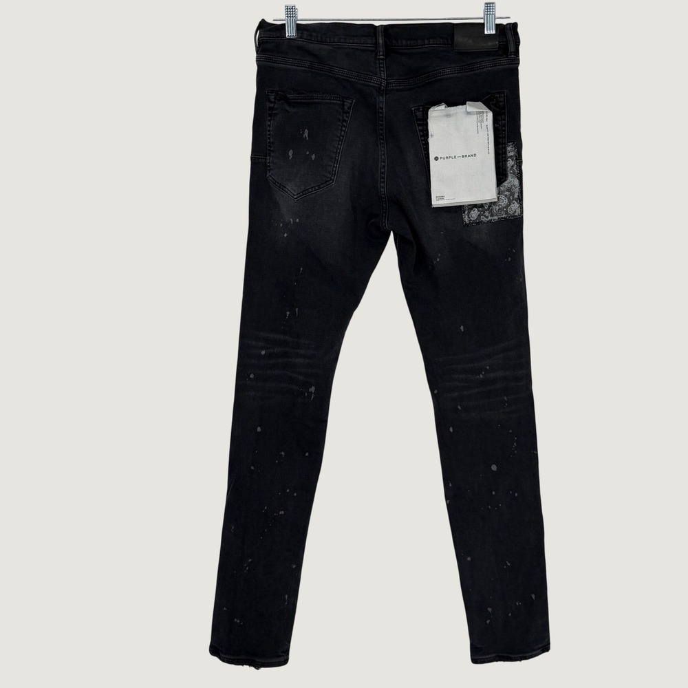 Purple Brand P001 Slim Fit Low Rise Distressed Paisley Patch Black Jeans Mens - Picture 2 of 6